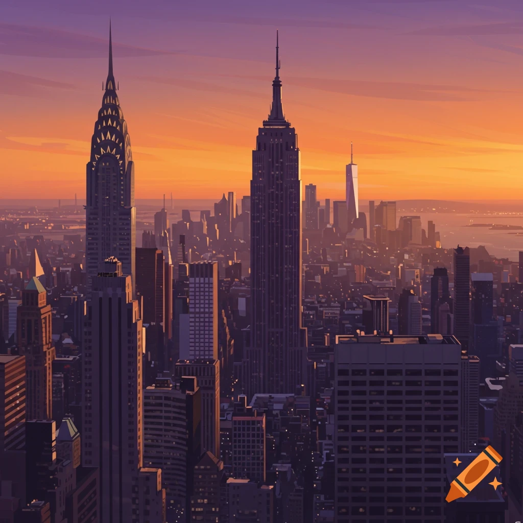 New York City skyline including the Chrysler Building and Empire State Building at sunset.