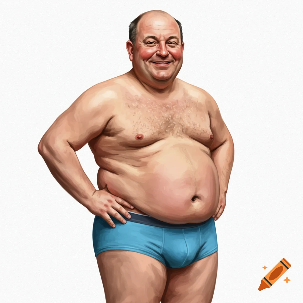 An overweight man in blue boxer briefs stands with hands on hips.