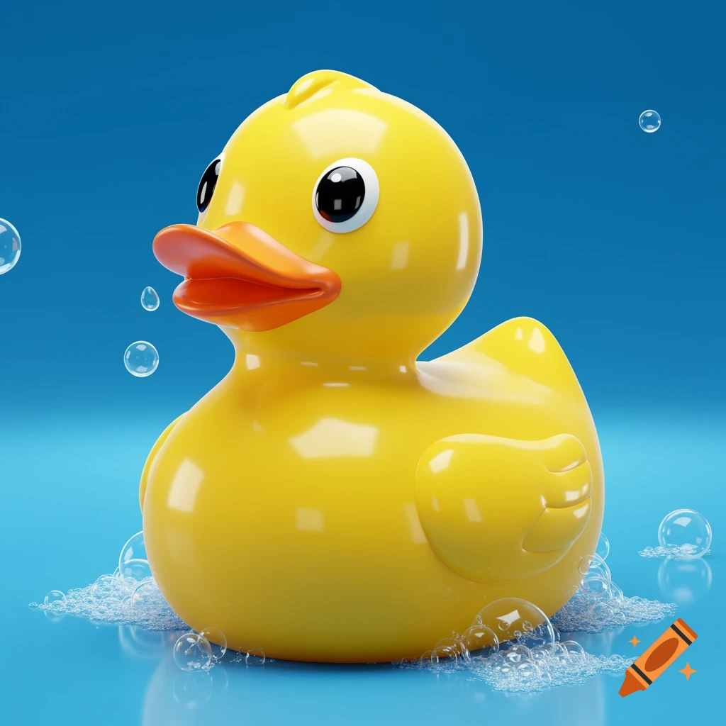 A bright yellow cartoon rubber duck floats in bubbly water against a blue background.