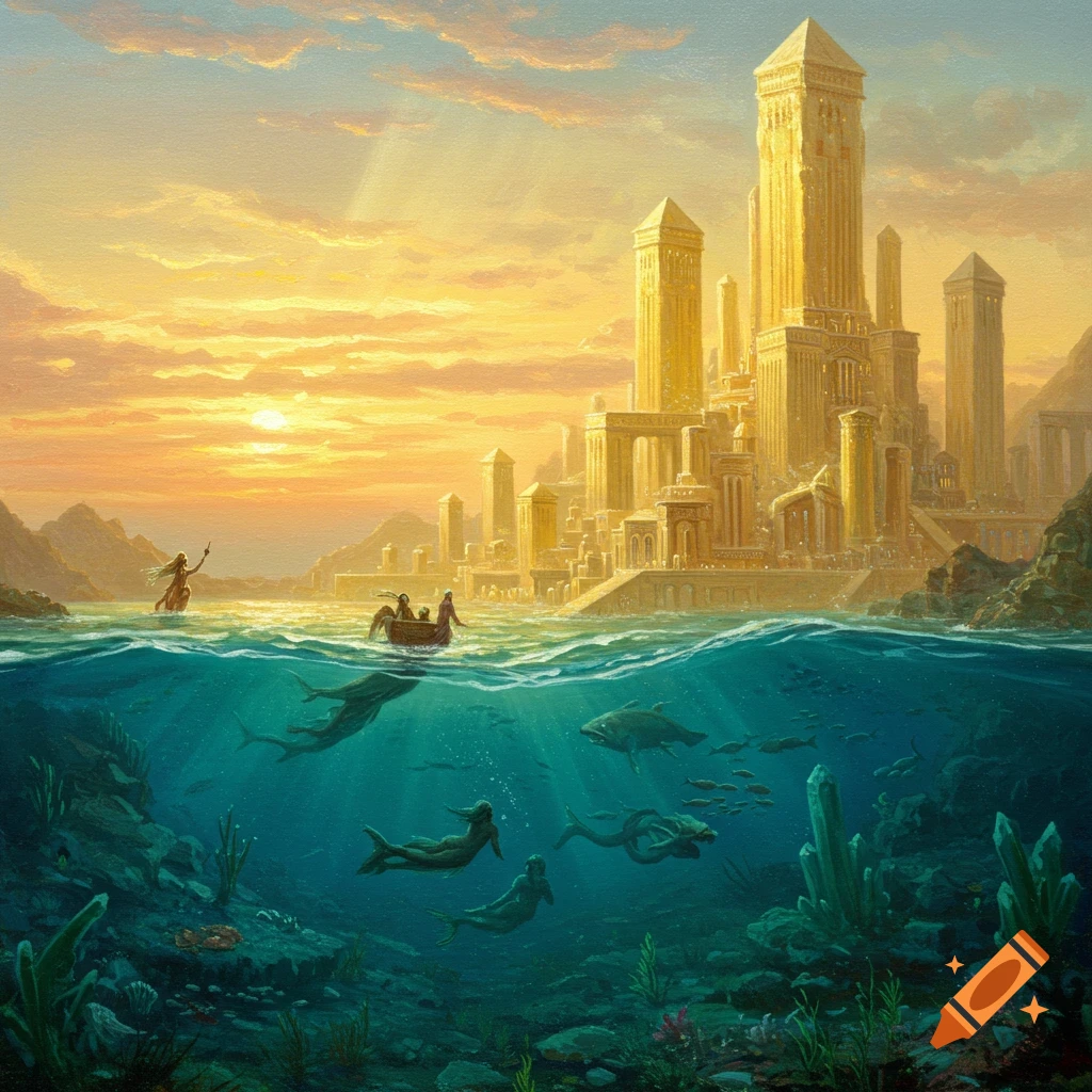 Painting of a golden city of Atlantis at sunset, with mermaids swimming underwater.