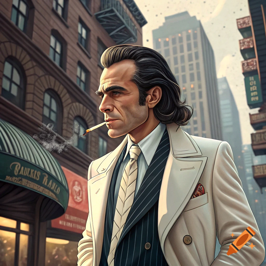 Stylized illustration of a man in a suit smoking on an urban street