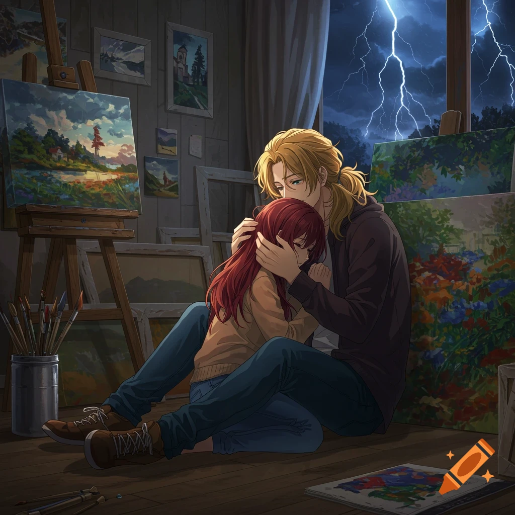 Anime art of a couple in an art studio during a thunderstorm. The man comforts the distressed woman.