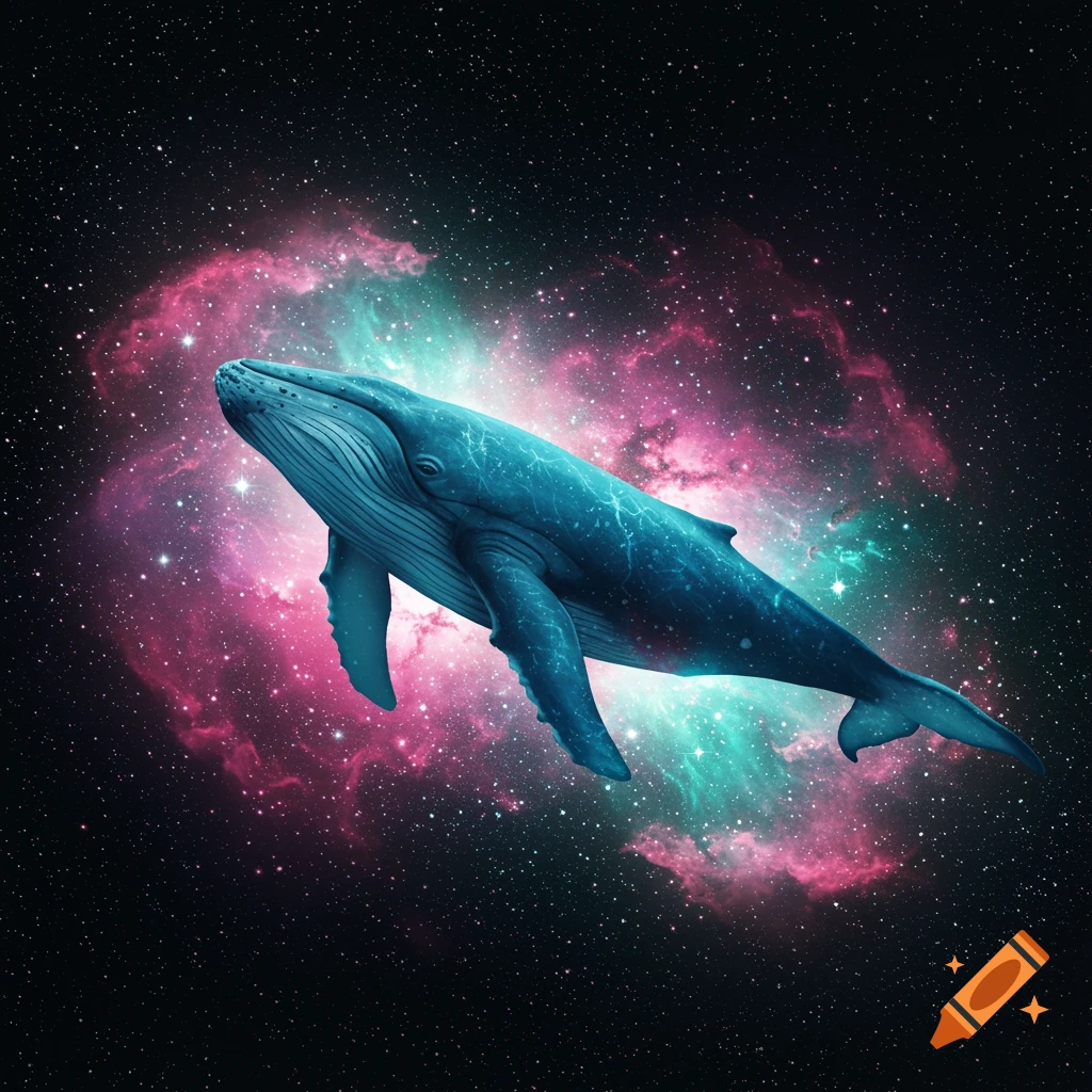 A blue whale swims through a cosmic nebula of pink and teal stars and gas.