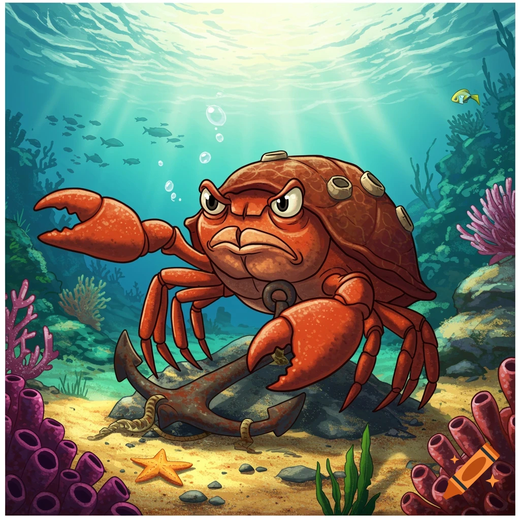 A grumpy cartoon crab holds a rusty anchor underwater among coral and fish.