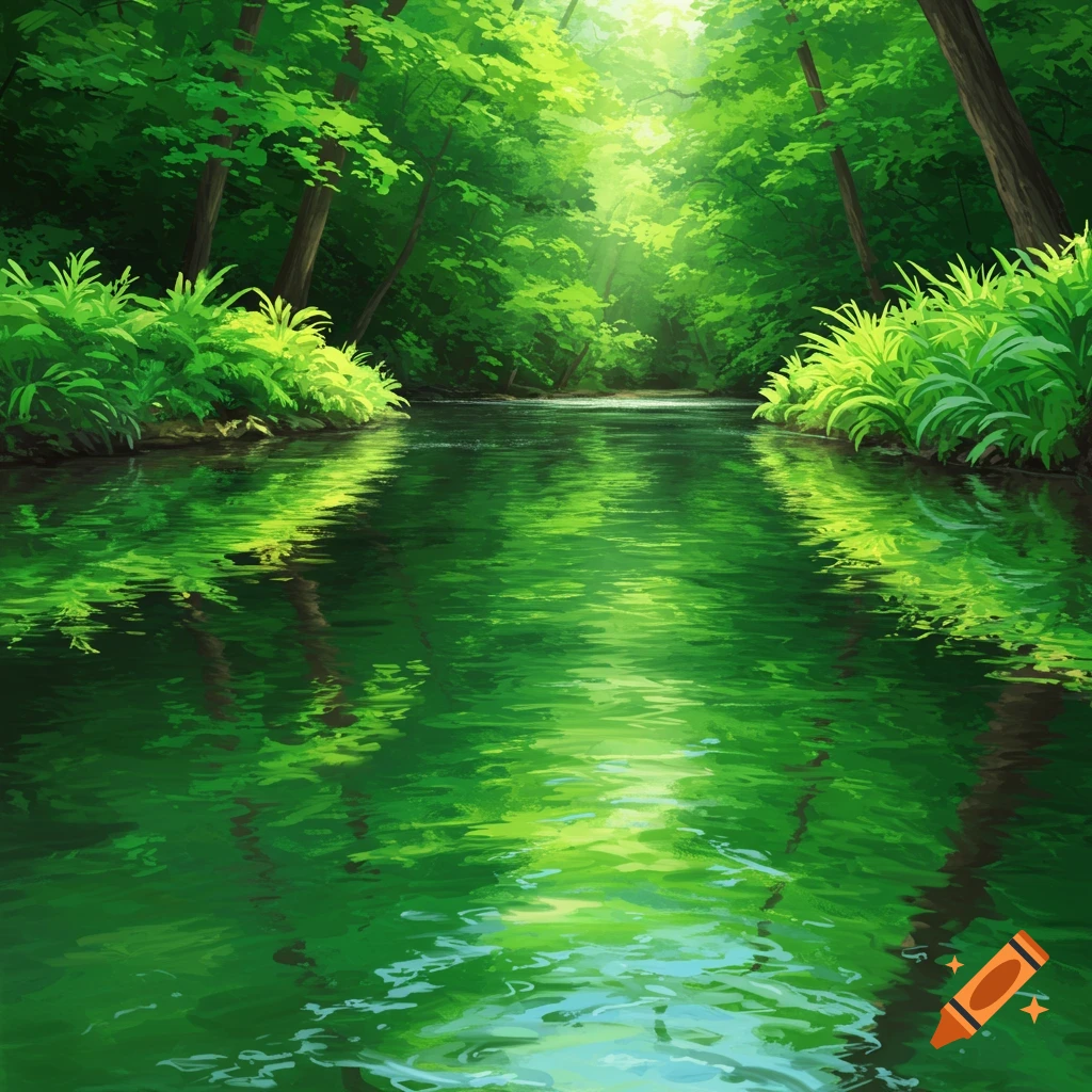 A lush green forest with a river flowing through it, sunlight filtering through the leaves.