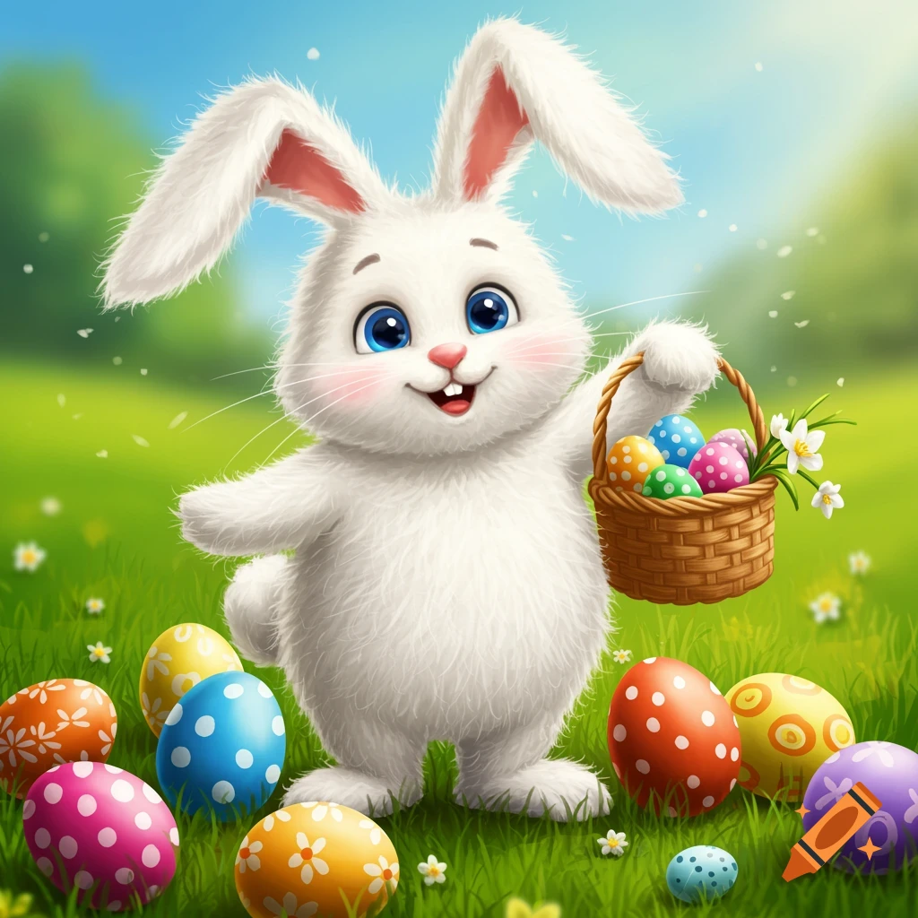 Fluffy white Easter bunny with a basket of decorated eggs in a grassy field.