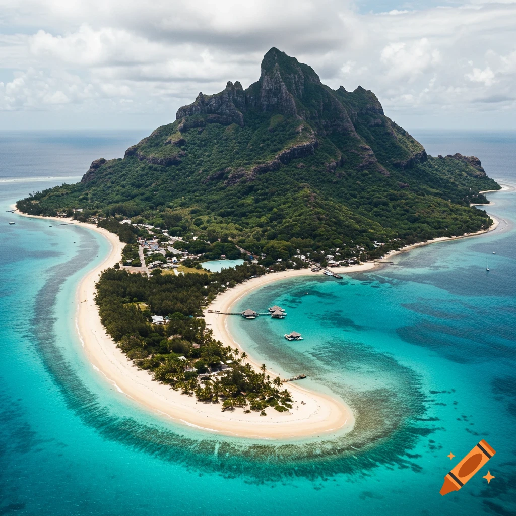 Aerial view of a tropical island with beaches, clear turquoise water, and a large green mountain.