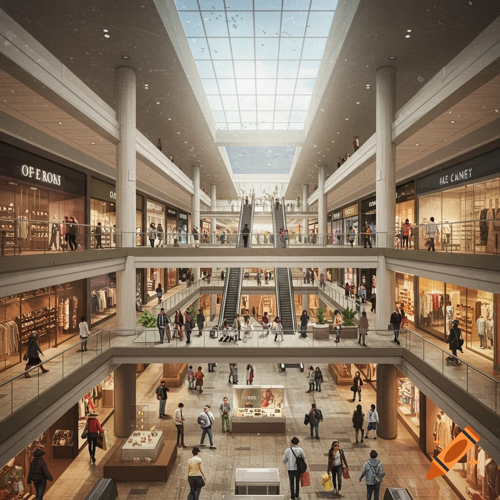 A large, multi-level indoor shopping mall filled with many people walking and shopping.