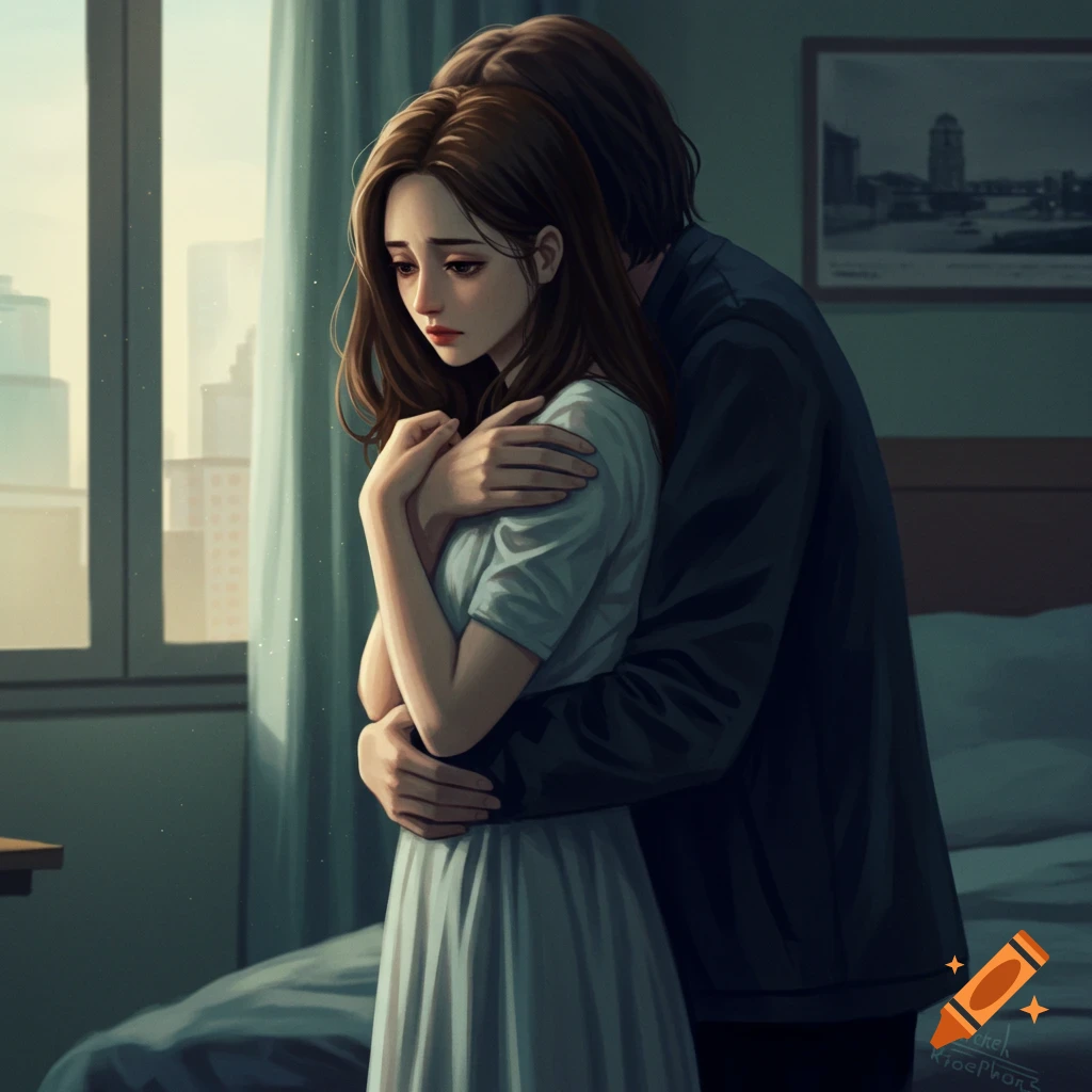 A sad woman is being hugged from behind in a room.