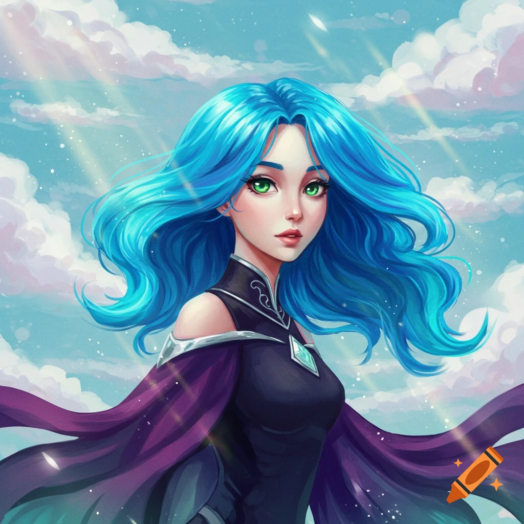 A fantasy woman with bright blue hair and green eyes, wearing dark clothing, against a cloudy sky.