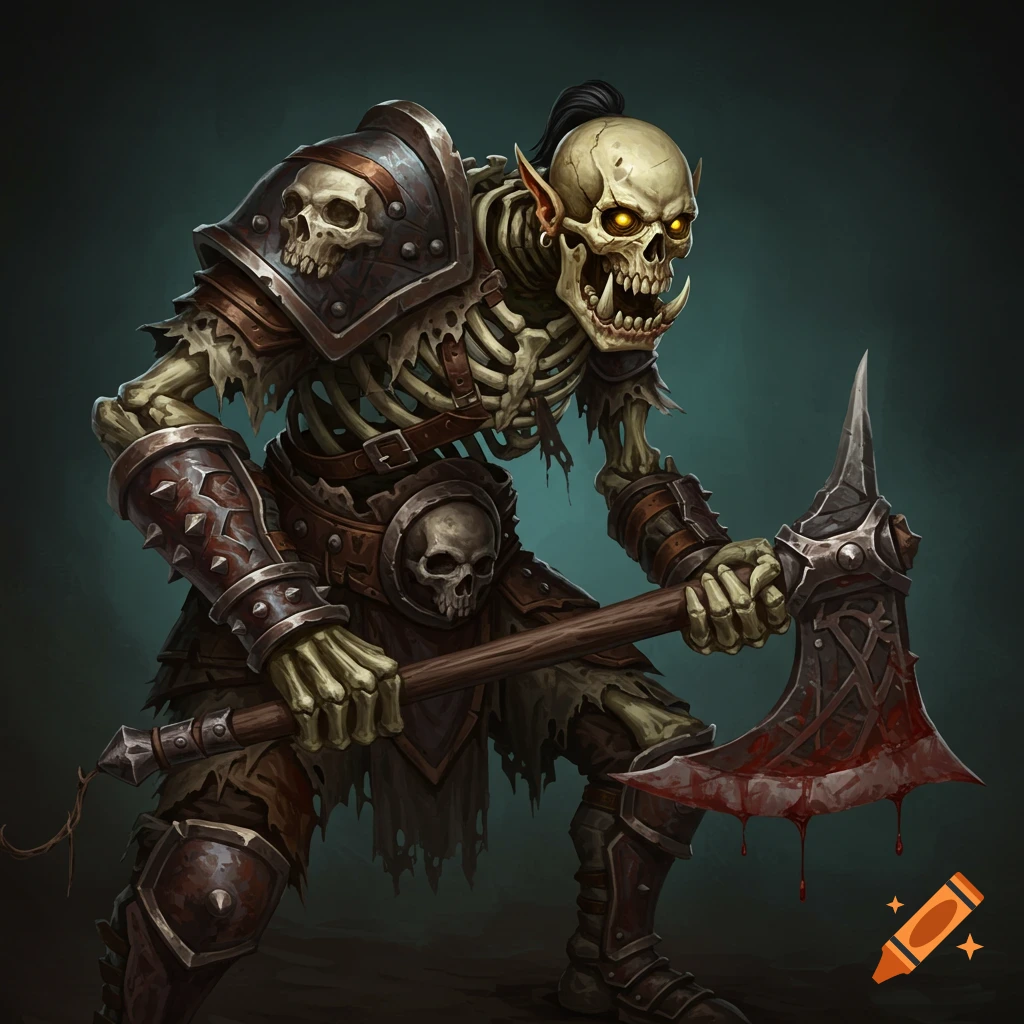 A skeleton orc warrior holding a bloody axe.