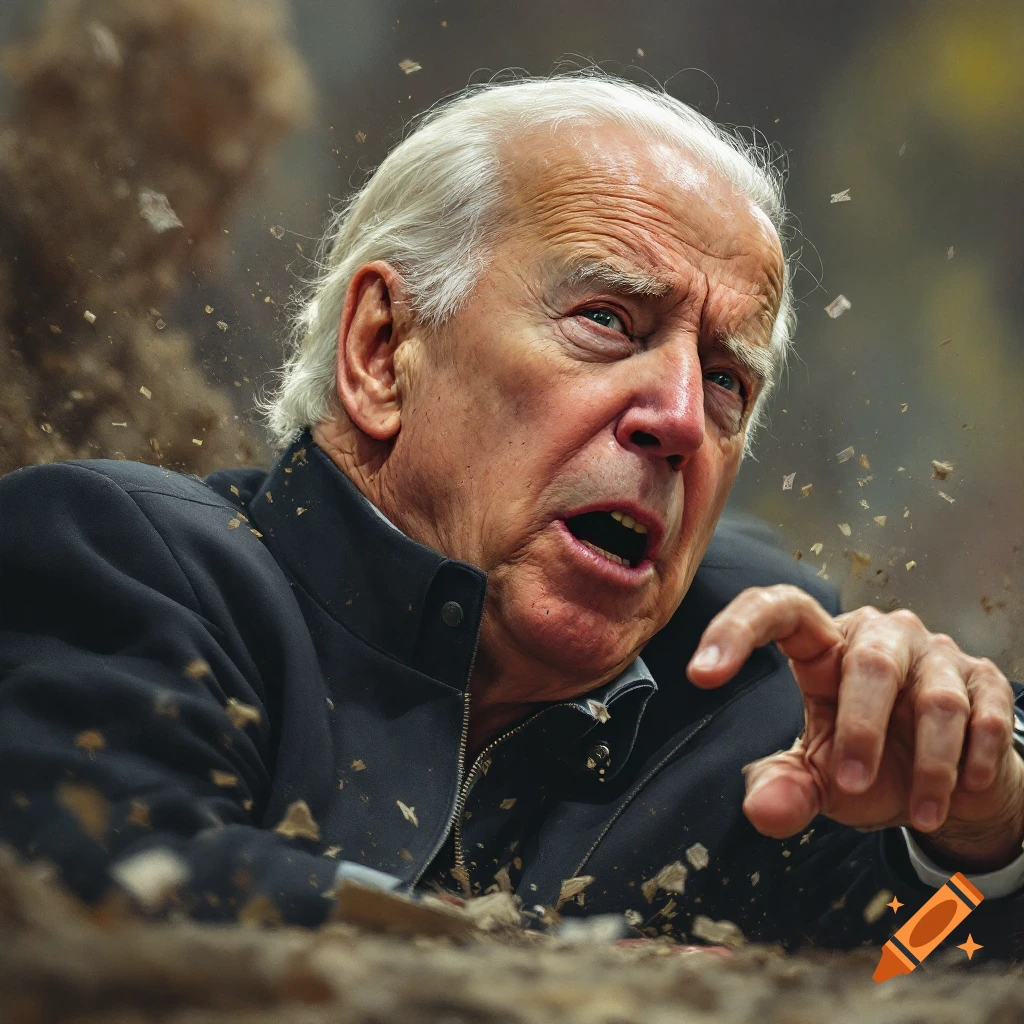 Photorealistic image of Joe Biden falling down, surrounded by flying debris.