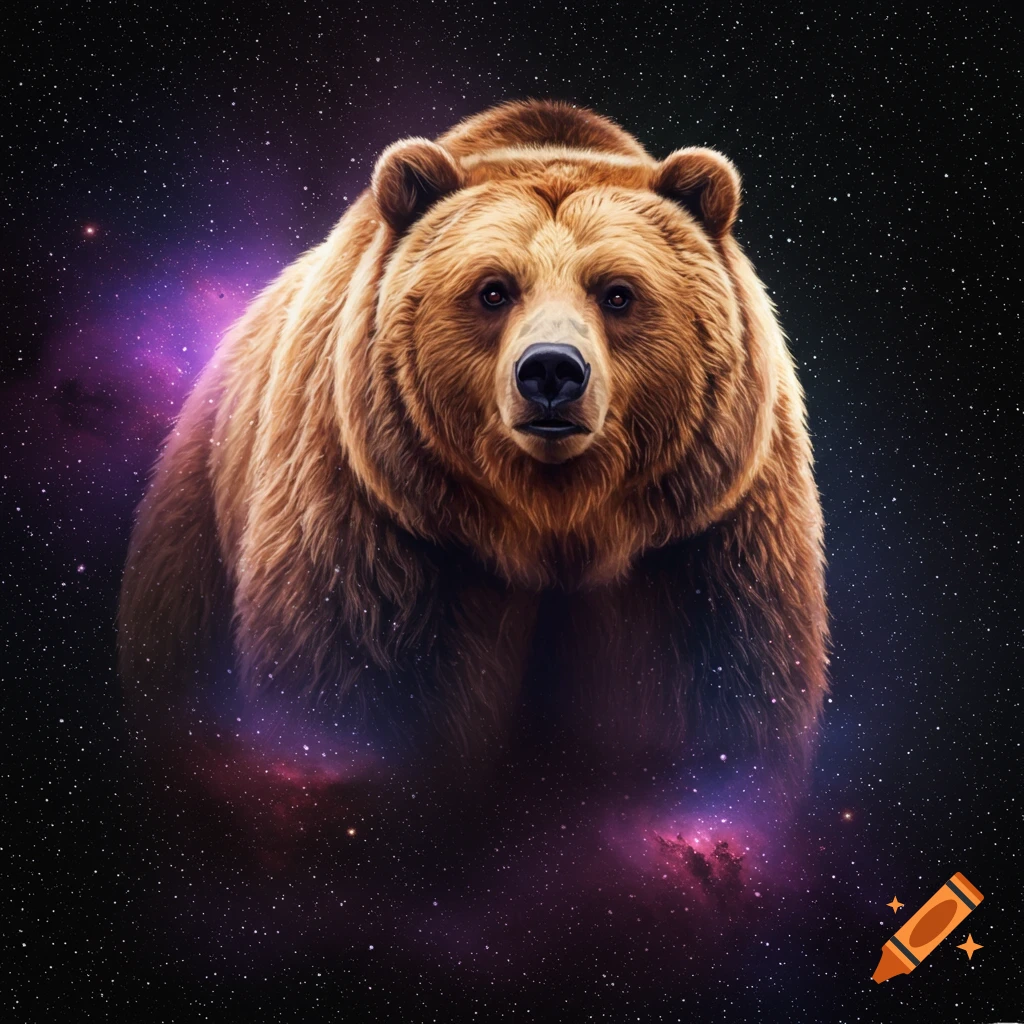 A brown bear stands in space among stars and a purple nebula.