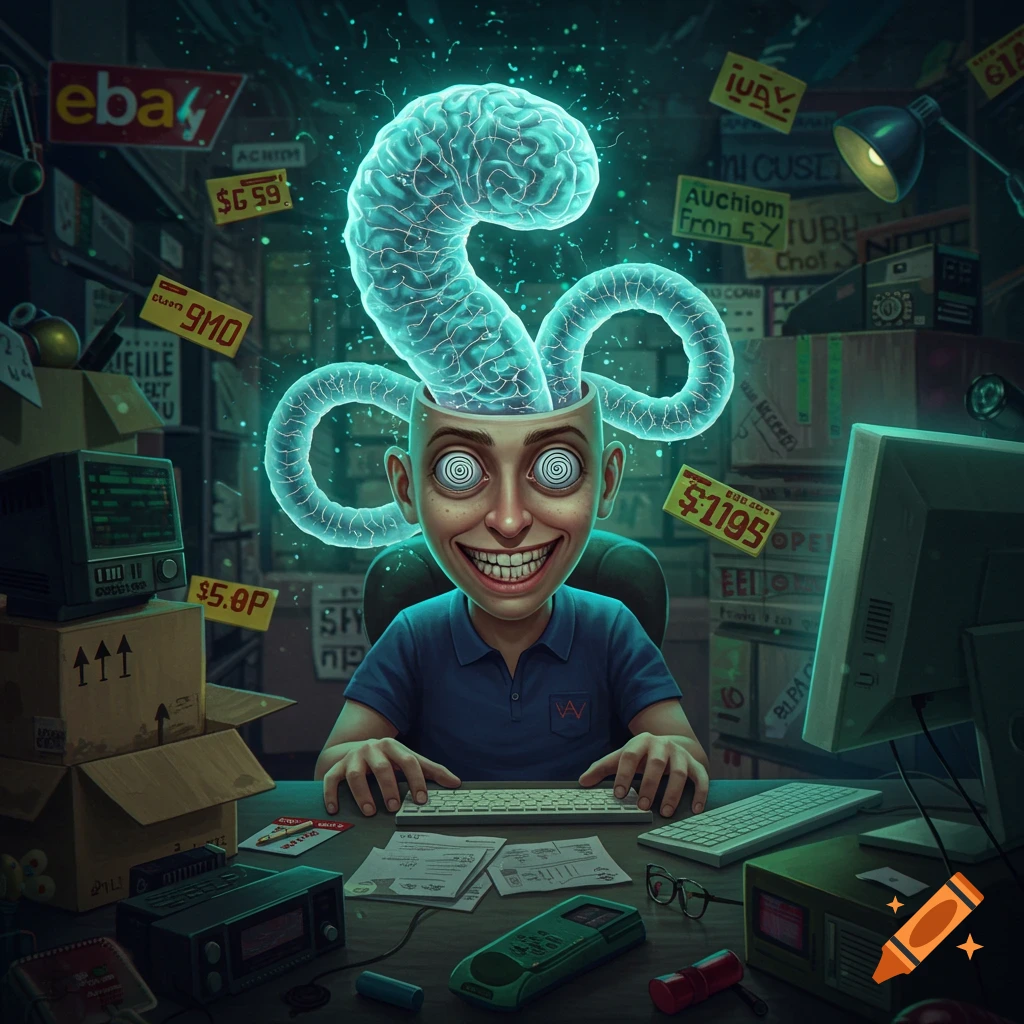 Surreal digital illustration of an obsessed shopper at a cluttered desk with a brain worm emerging from their head.