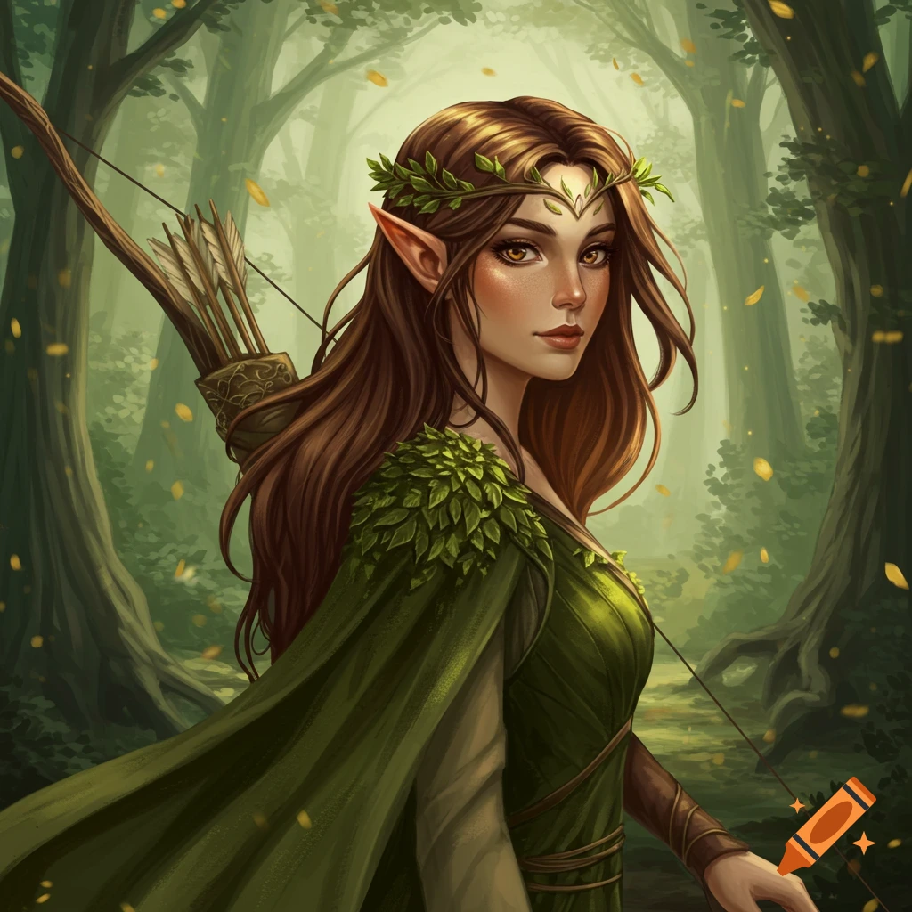 A wood elf woman with a bow and arrows stands in a forest.