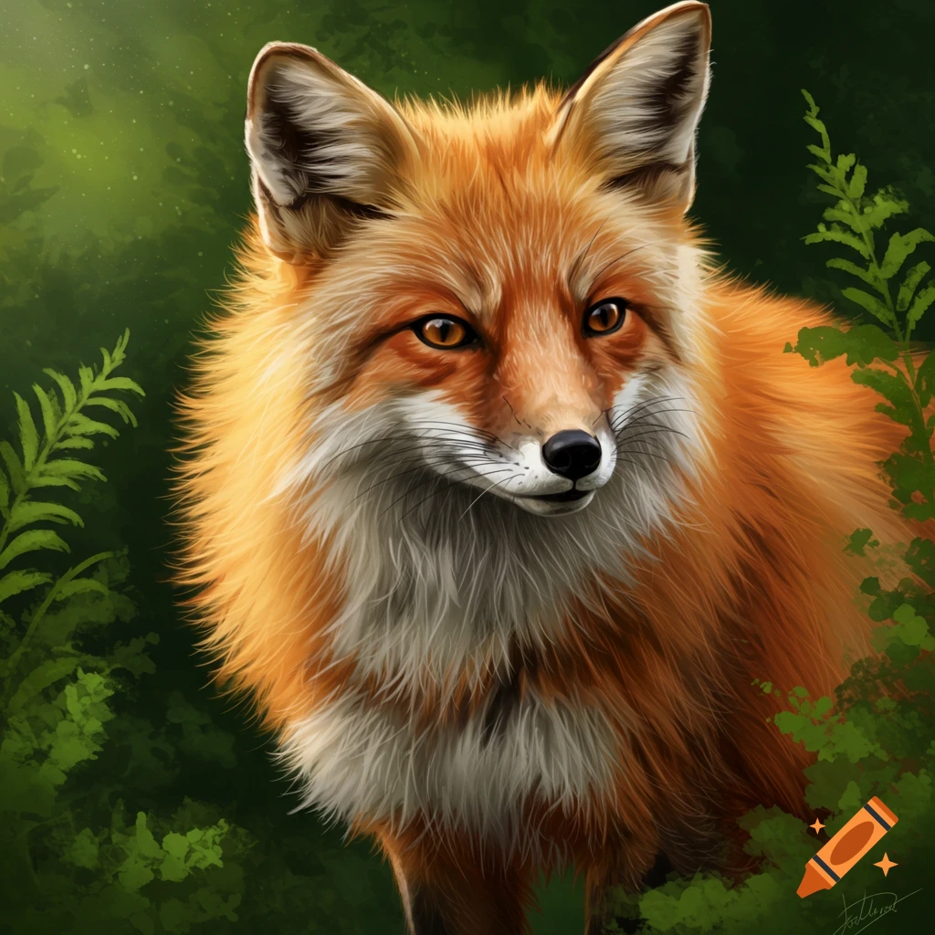 A red fox is depicted among vibrant green leaves.