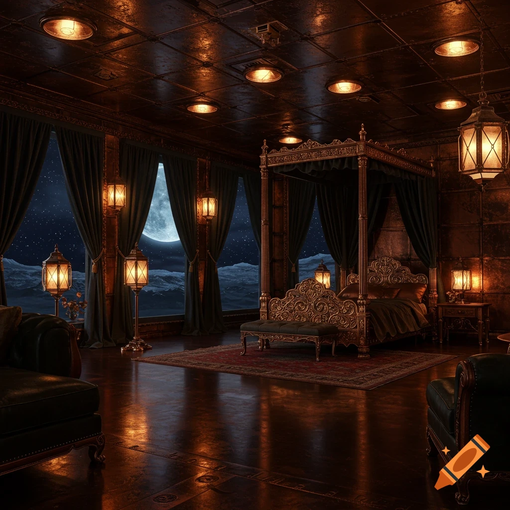 Elegant dark bedroom with canopy bed and lanterns, large moon visible through windows.