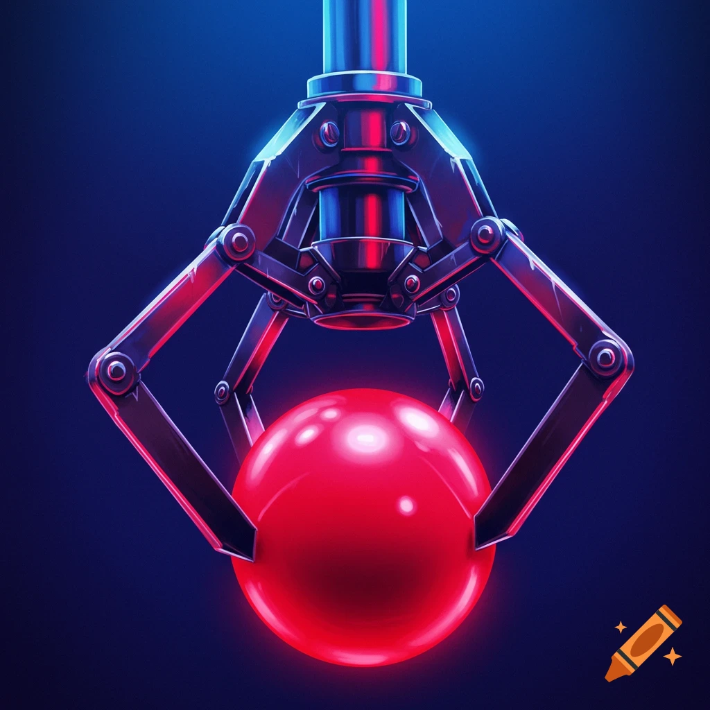 A robotic claw holding a bright red ball.