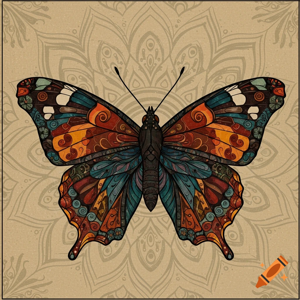 Detailed mandala-style butterfly with colorful patterns against a subtle mandala background.