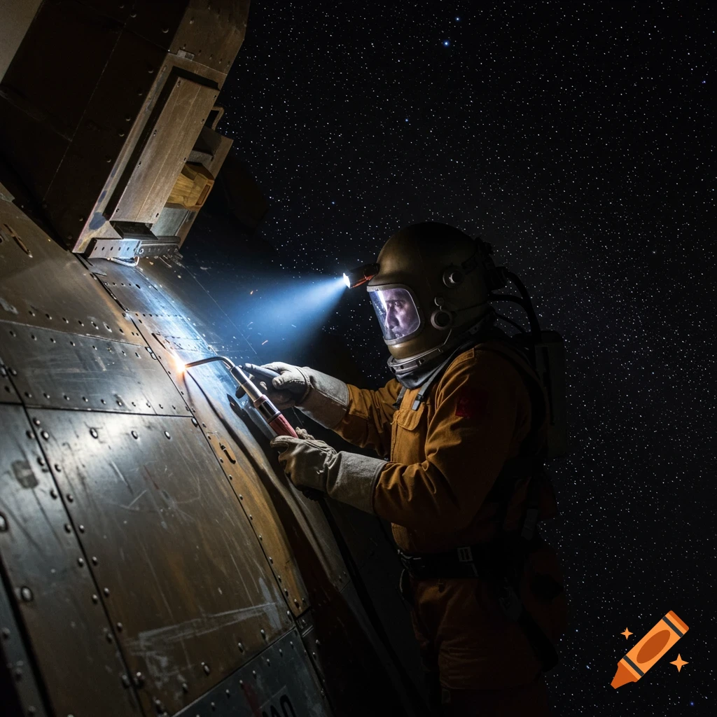 Photorealistic image of an astronaut welding a metal panel on a spaceship in space.