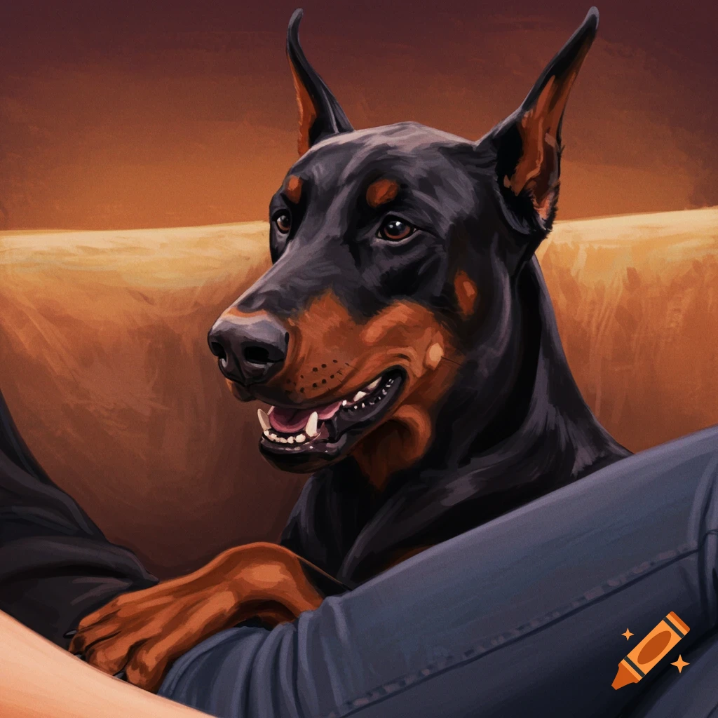 A Doberman Pinscher cuddling with a person