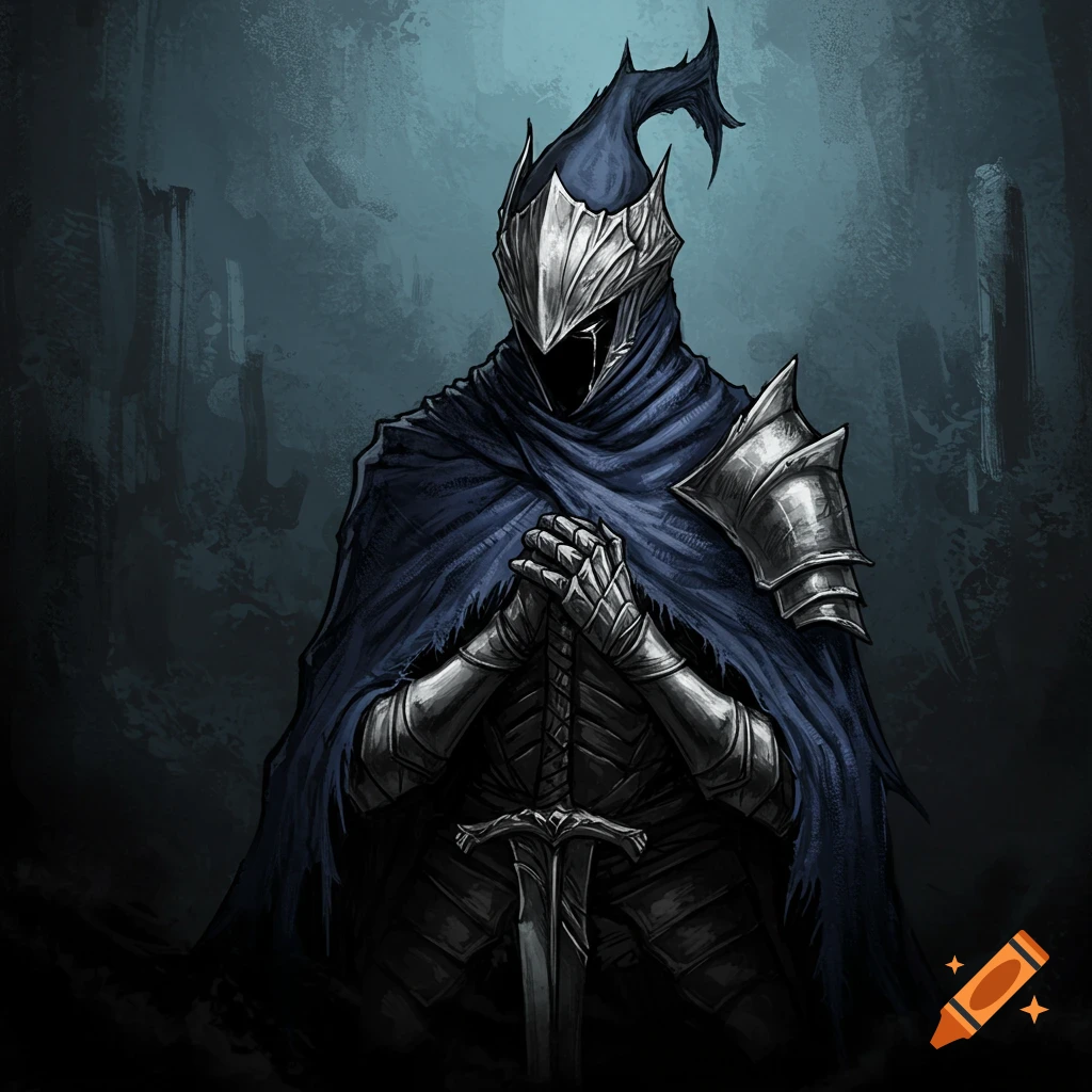 An image of a knight in dark armor and blue cloak holding a large sword.