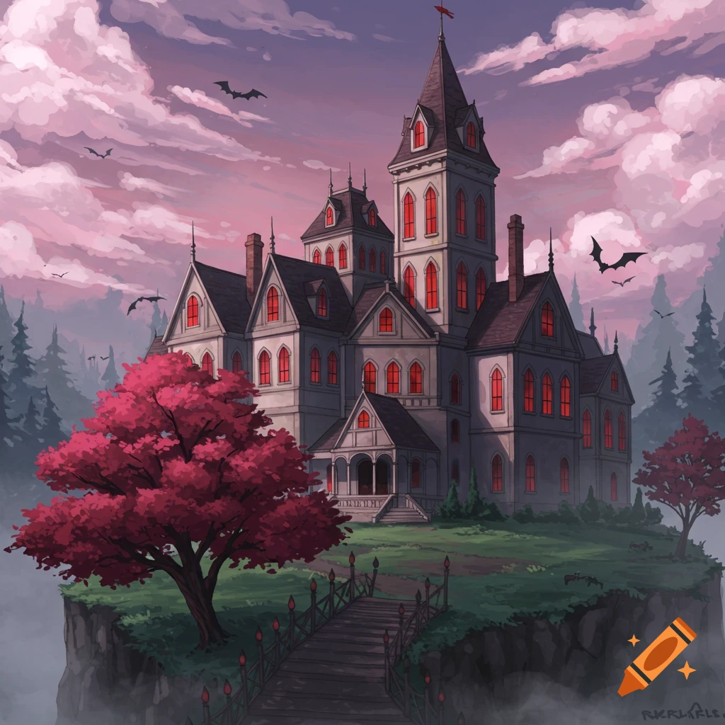 A gothic mansion with red windows sits on a cliff edge under a pink sky with bats flying.