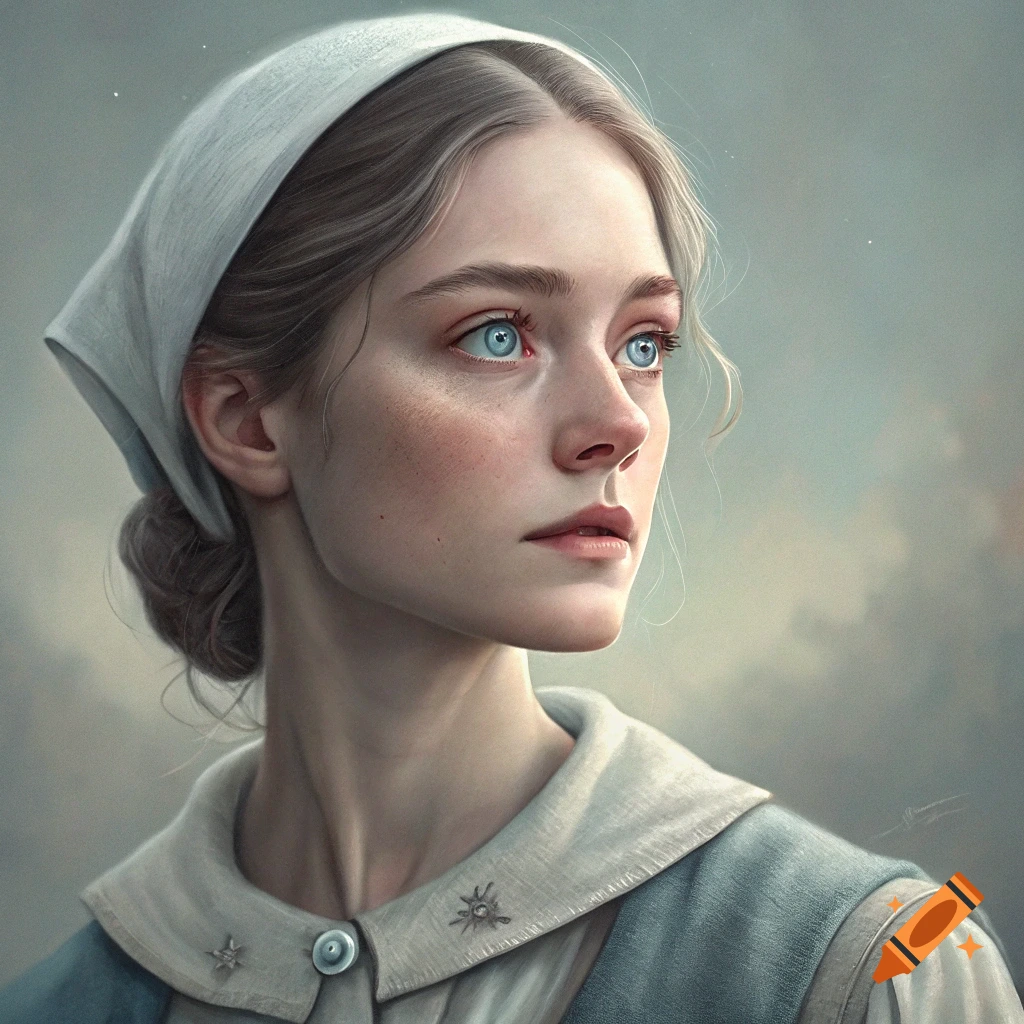 Realistic portrait of a young woman in historical clothing and head covering, looking up with blue eyes against a cloudy sky.