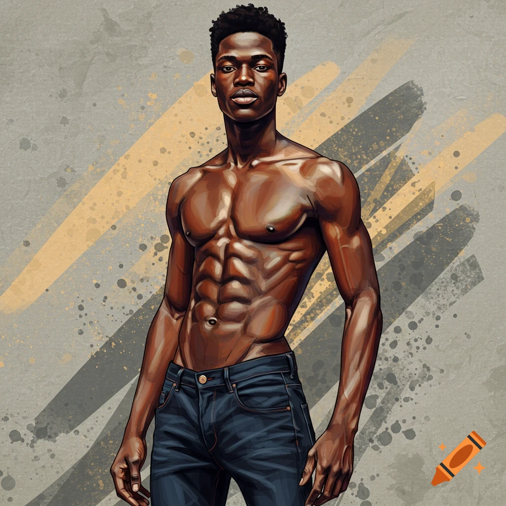 Image of a shirtless muscular black man in jeans with a textured background.