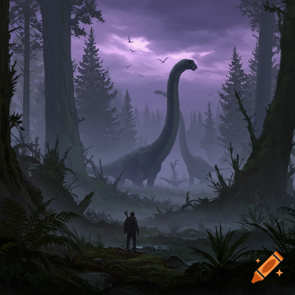 A lone figure stands in a misty forest, looking at large dinosaurs, painted in a dark fantasy style.