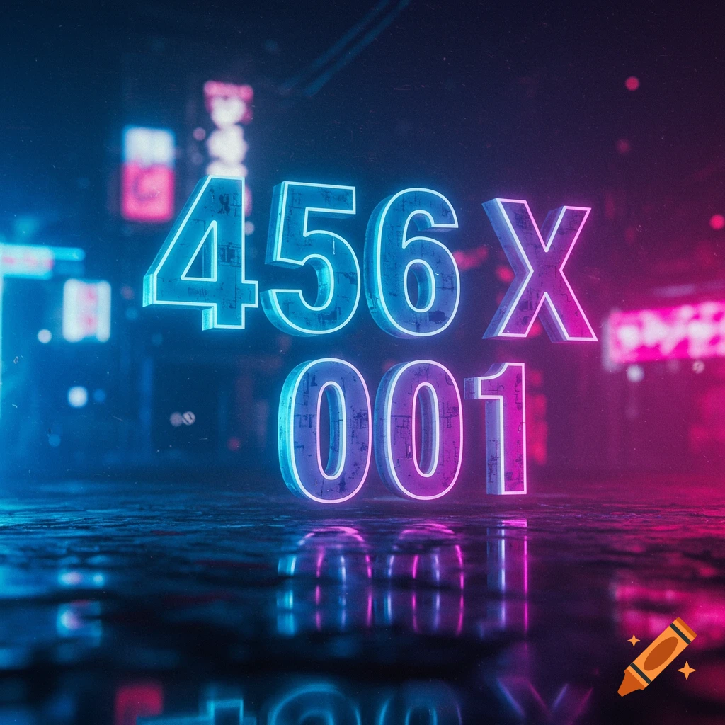 Neon numbers 456 X 001 reflecting on a wet surface in a dark cyberpunk city.