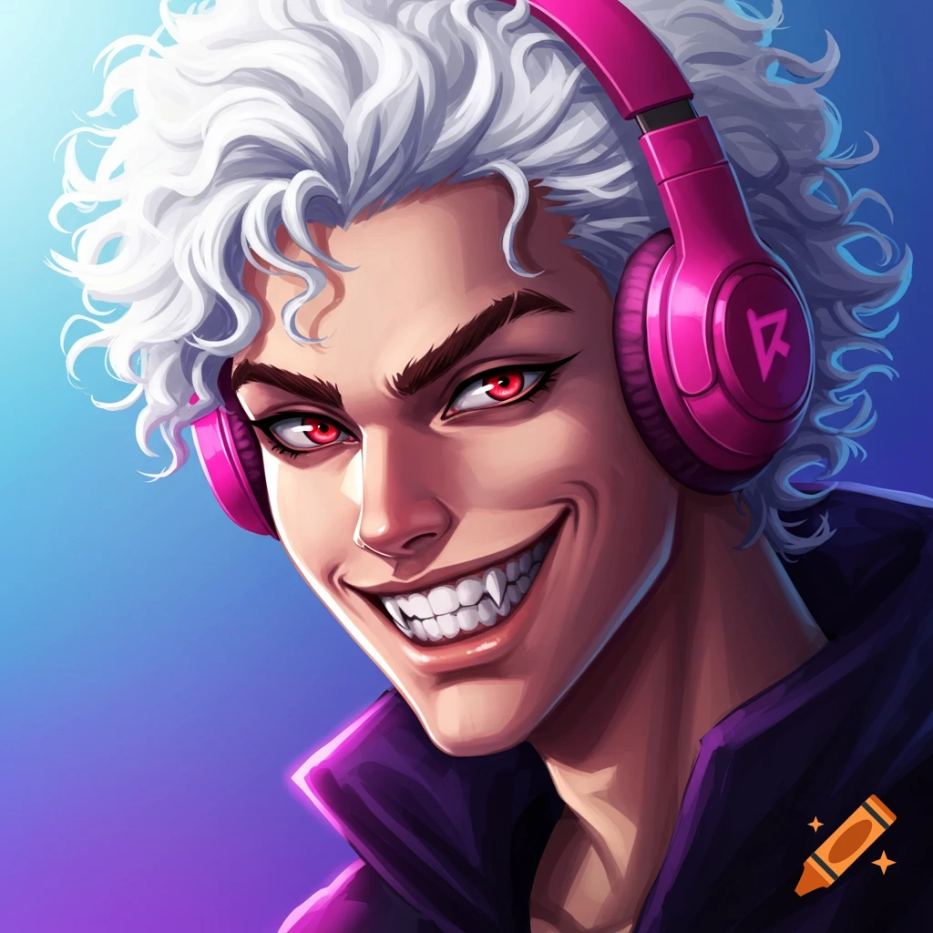 Anime portrait of a male with white curly hair, red eyes, fangs, and pink headphones.