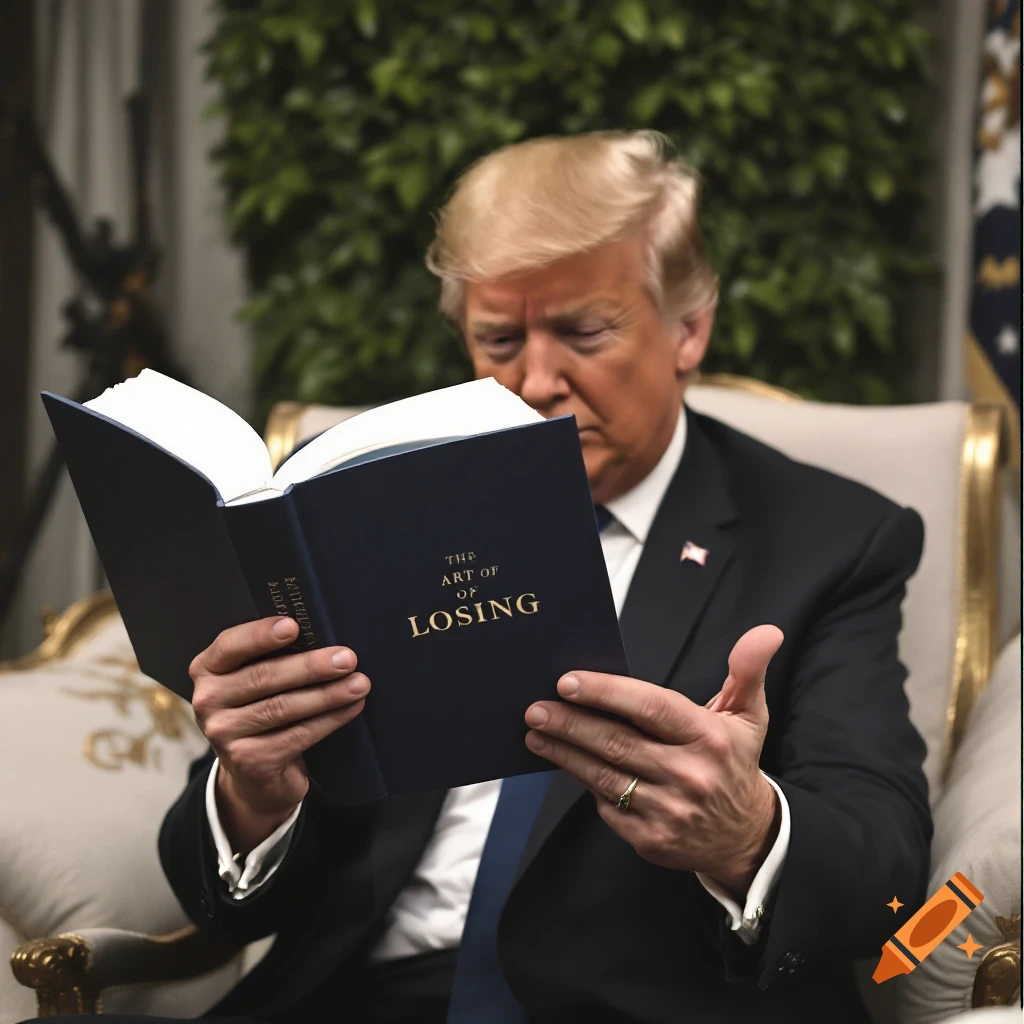 Donald Trump sits reading a book titled The Art Of Losing.