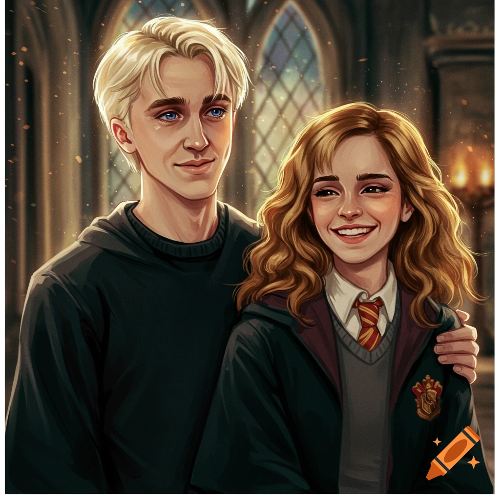 A young man and woman resembling Draco Malfoy and Hermione Granger in Hogwarts uniforms stand in a corridor.