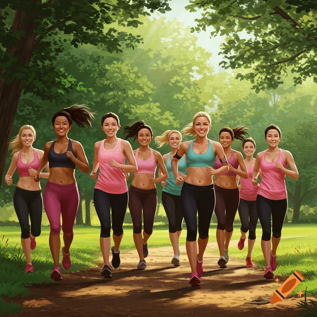A group of women running on a dirt path in a park.