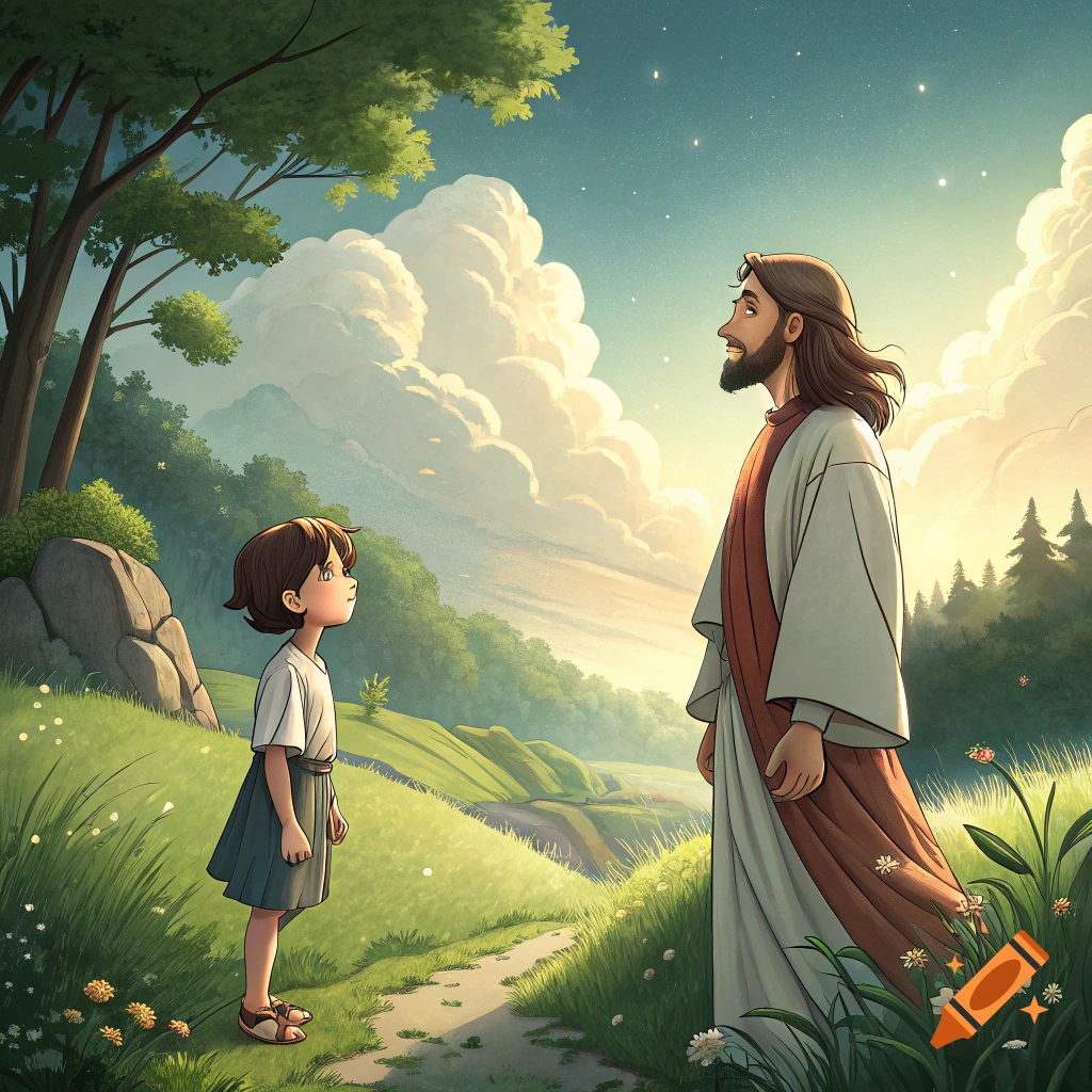Ghibli style illustration of a child looking up at Jesus Christ in a sunny, grassy field.