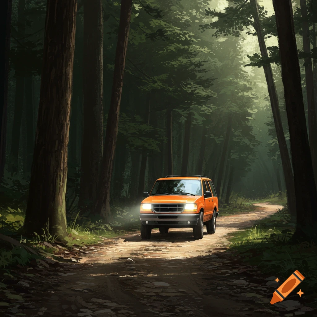 An orange SUV drives down a dirt road through a sunlit forest.