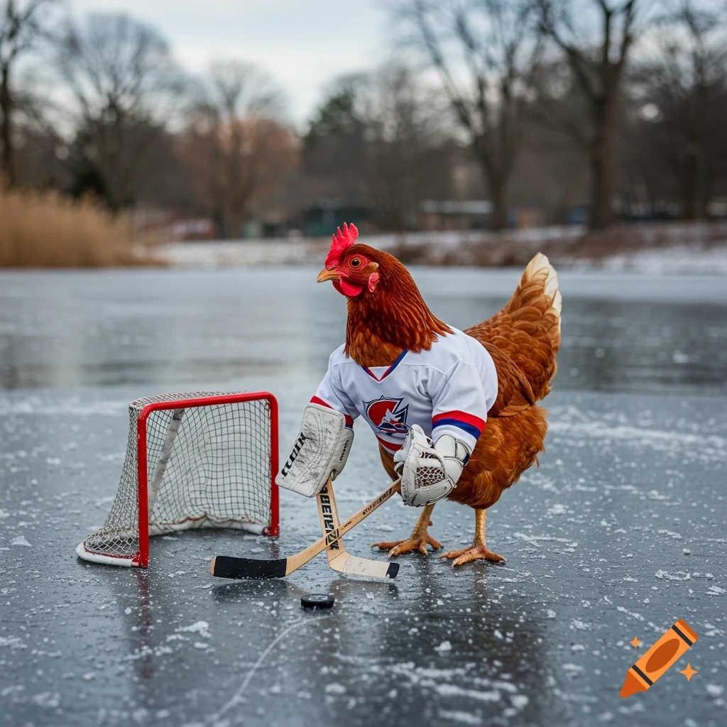 A chicken in a hockey jersey and gloves holds hockey sticks while ...