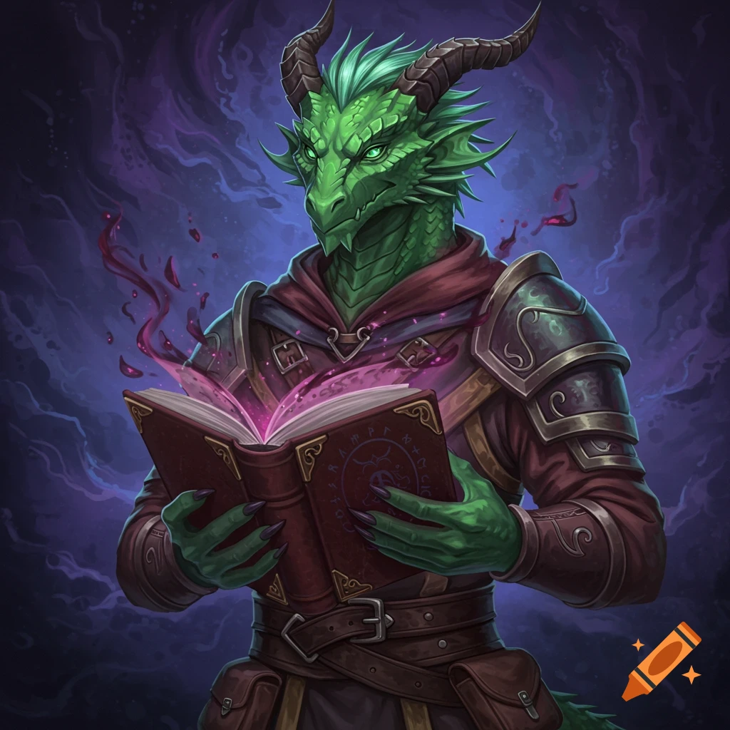 A green dragonborn wizard in armor and robe holding a glowing spell book that bleeds.