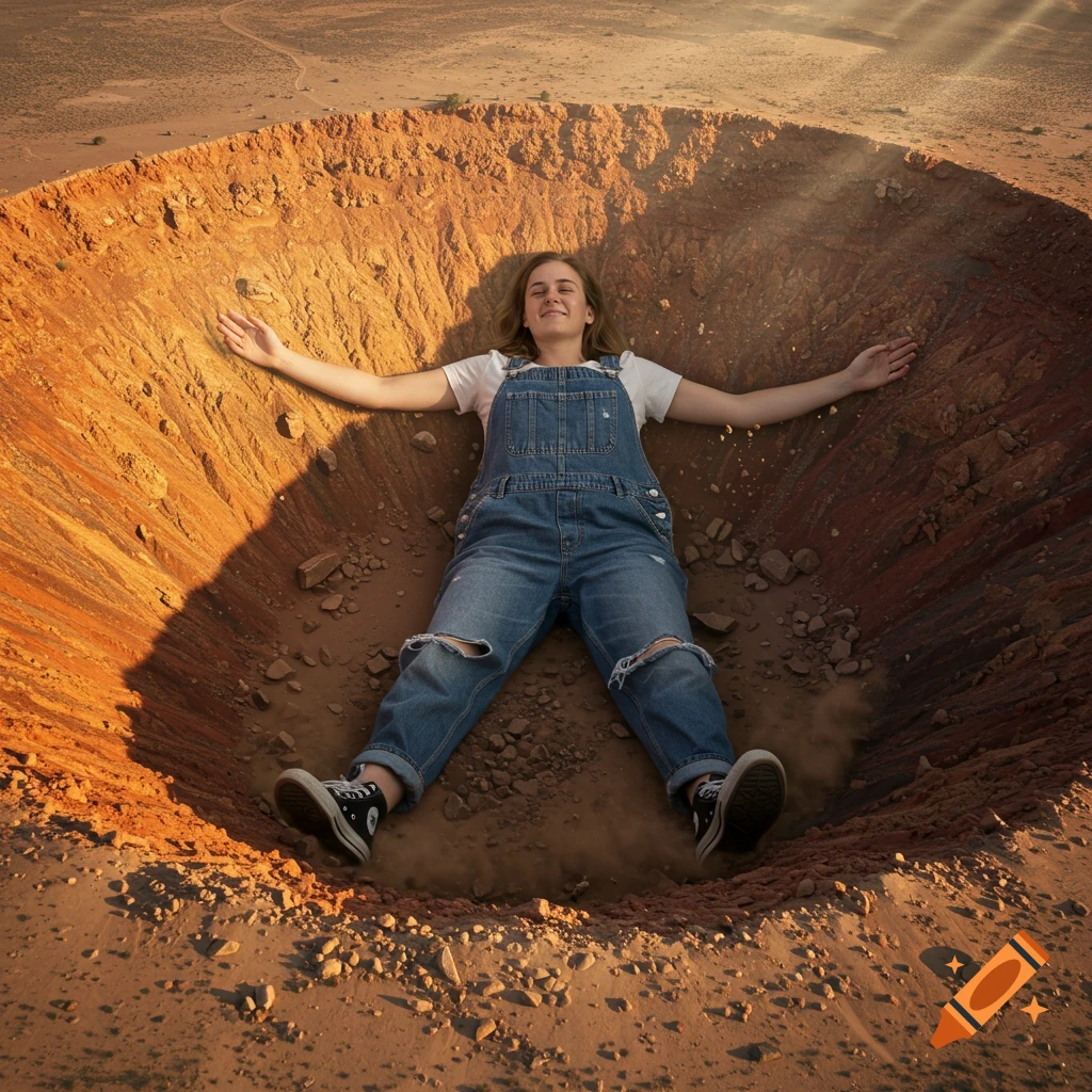 A woman in overalls lies spread-eagled at the bottom of a large, deep crater in a desert.