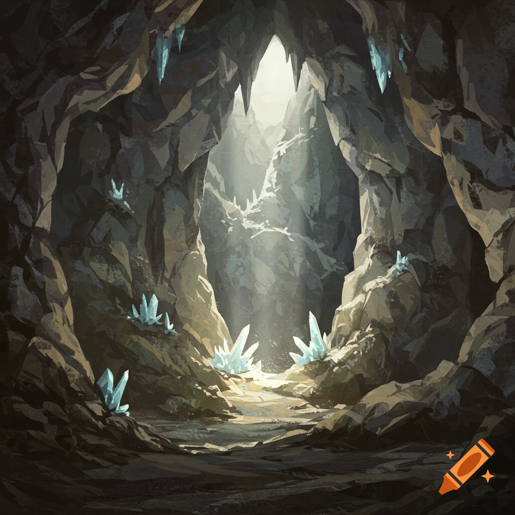 A sunlit cave filled with glowing blue crystals.