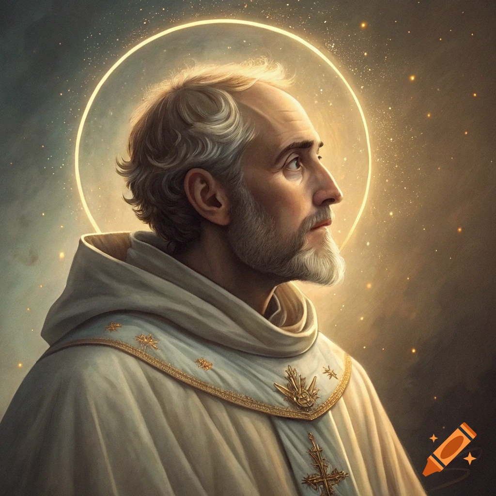 Portrait painting of a bearded man in religious robes with a halo looking up at a starry sky.