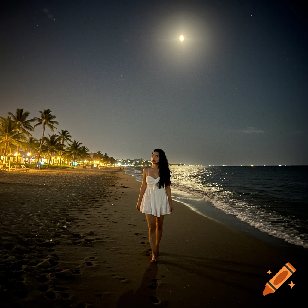 A woman walks on a dark beach at night under a full moon.