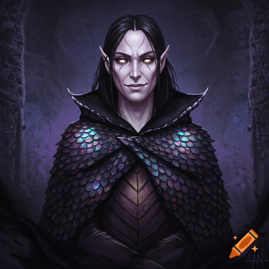 Portrait of a pale-skinned fantasy character with pointed ears and dark hair wearing an iridescent scale cloak.