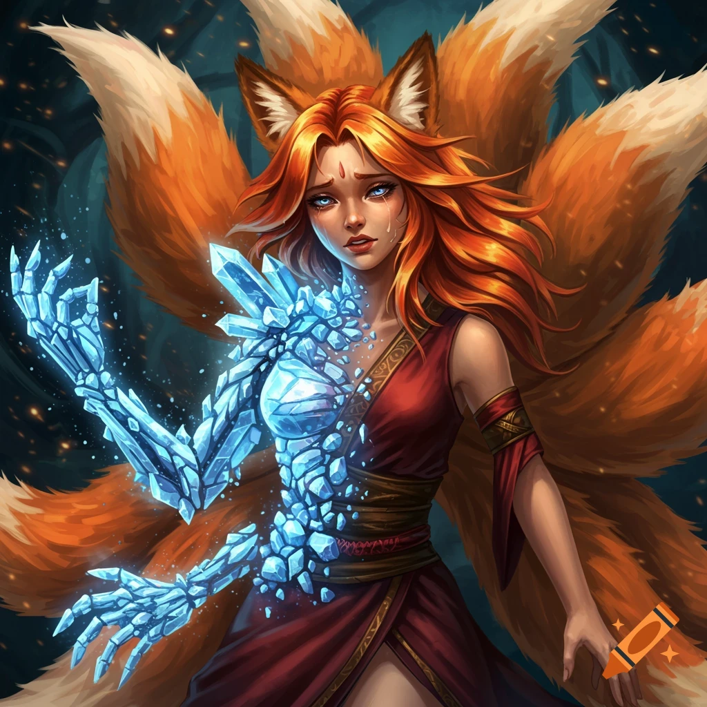 Fantasy digital art of a Kitsune woman transforming into a crystal figure.