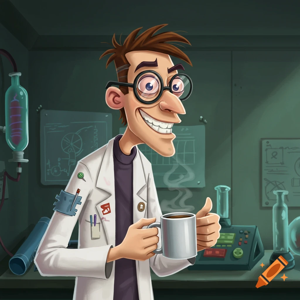 Cartoon scientist in a lab coat holding a coffee mug and giving a thumbs up in a stylized illustration.