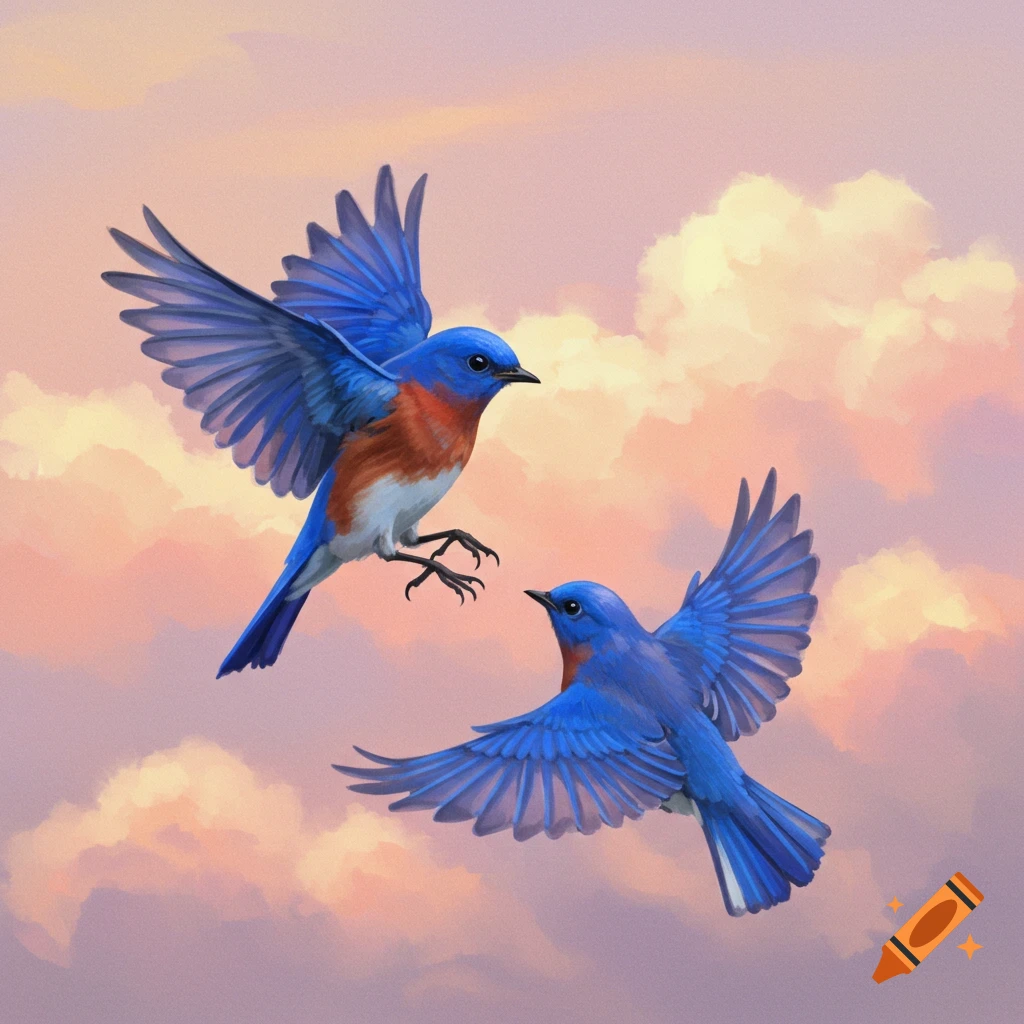 Two bluebirds flying against a pink and purple cloudy sky.