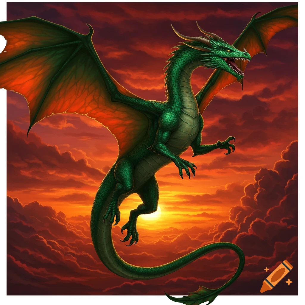 A green dragon flies through a fiery sunset sky.