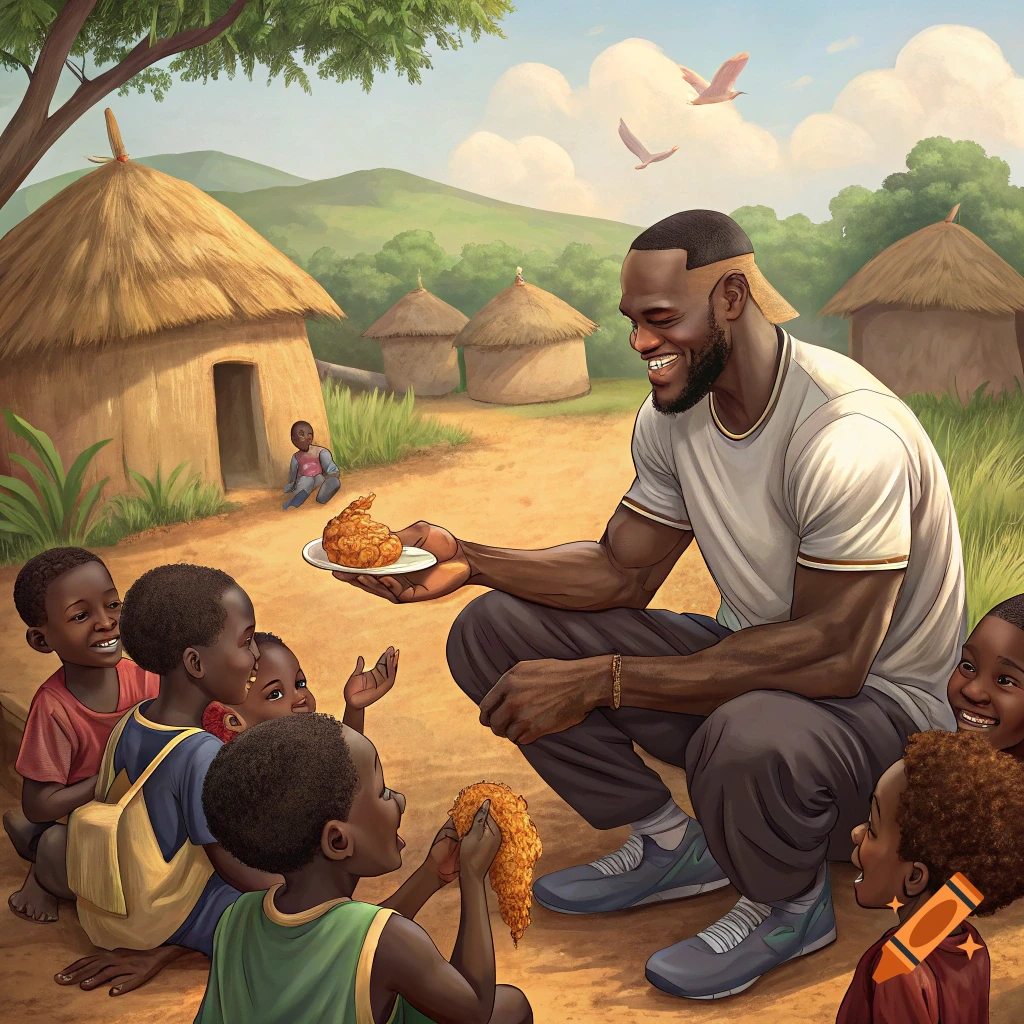 Man shares food with children in African village illustration.