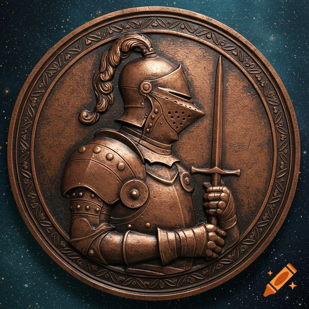 A bas-relief bronze coin depicting a knight in armor holding a sword, against a starry background.